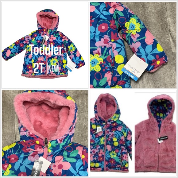 Falls Creek Other - Falls Creek Girls 2T Toddler Reversible Puffer Jacket Coat Faux Fur Flowers Hood